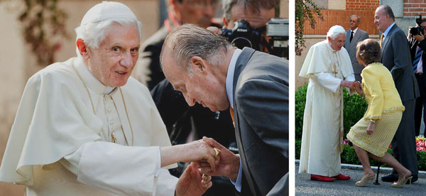 Queen Sofia and king Juan Carlos reverencing the Pope